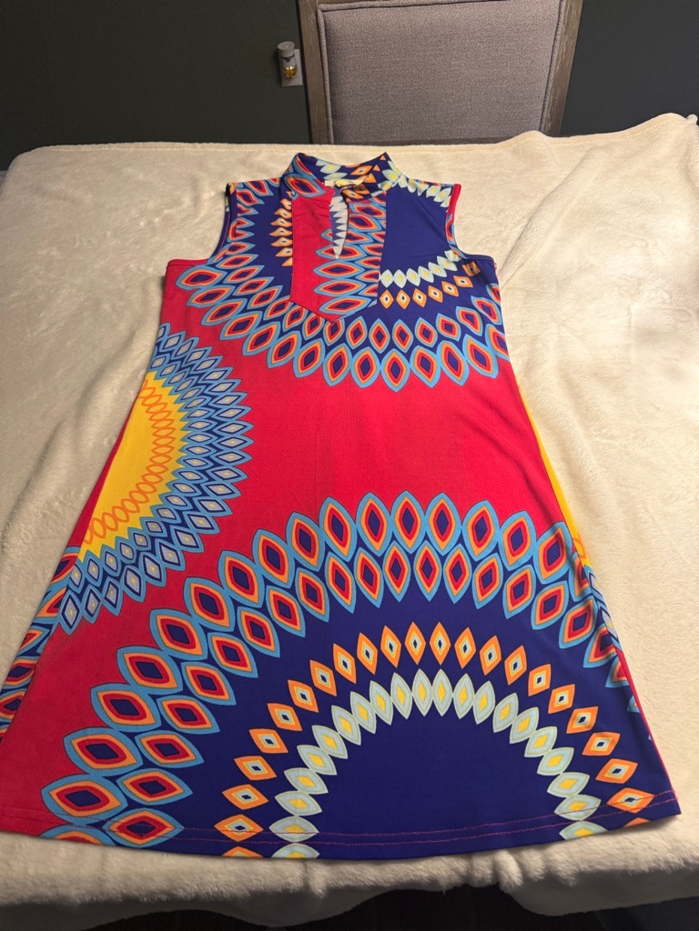 Sleeveless Geo-Print Midi Dress - Red & Blue